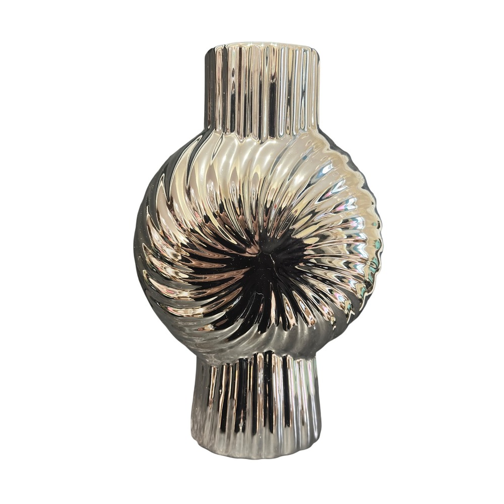 Sculptural Decorative Vase Modern Chrome Silver Swirl Ribbed Ceramic 9.5 Inch‎